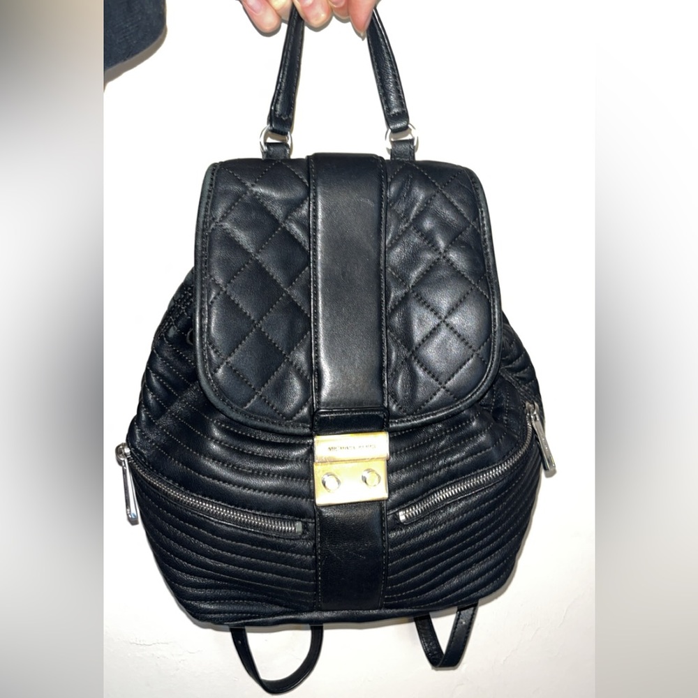Michael Kors black leather backpack quilted drawstring